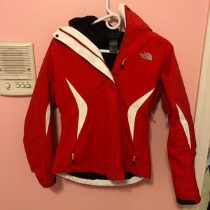 XS Northface red shell & black fuzzy jacket